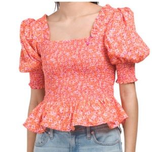 CECE Short Sleeve Puff Sleeve Smock Peplum Top